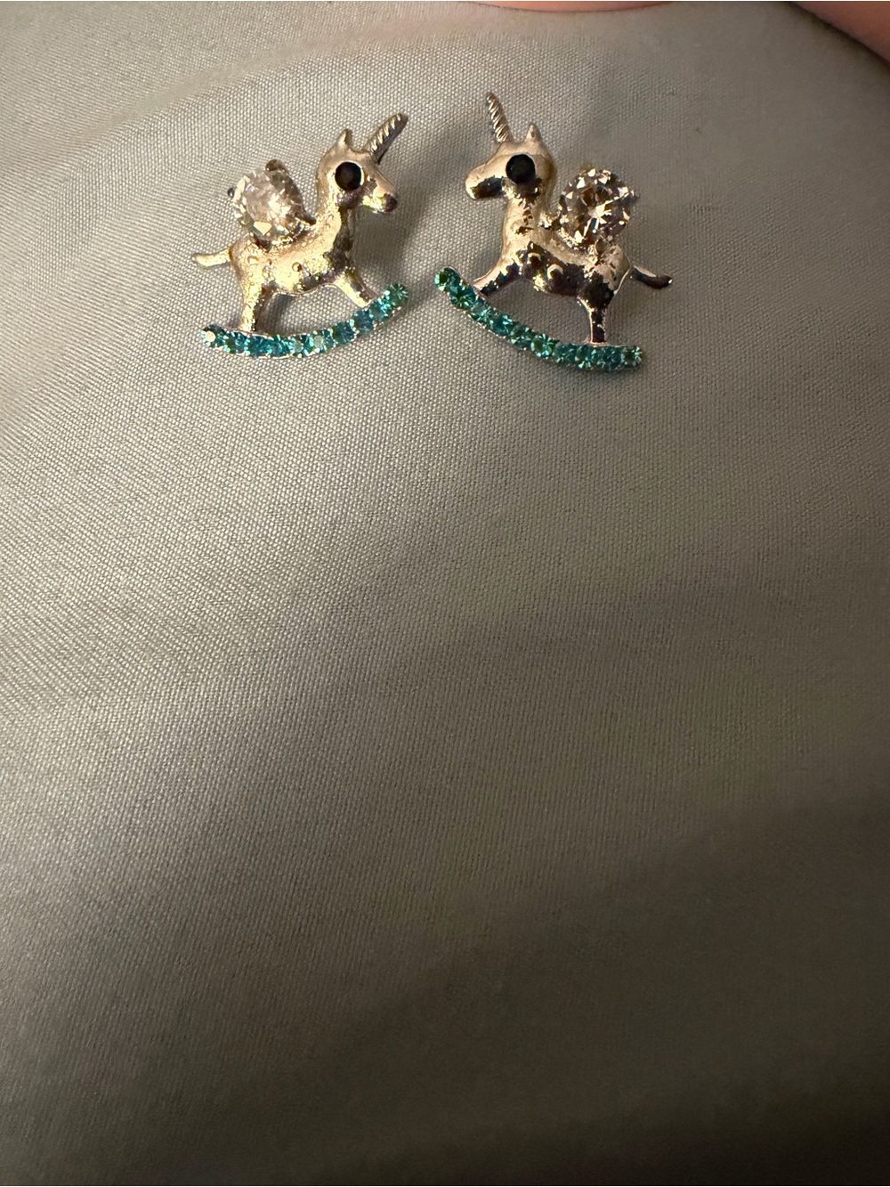 Unicorn Rocking Horse Stud Earrings - silver with Teal Rhinestones